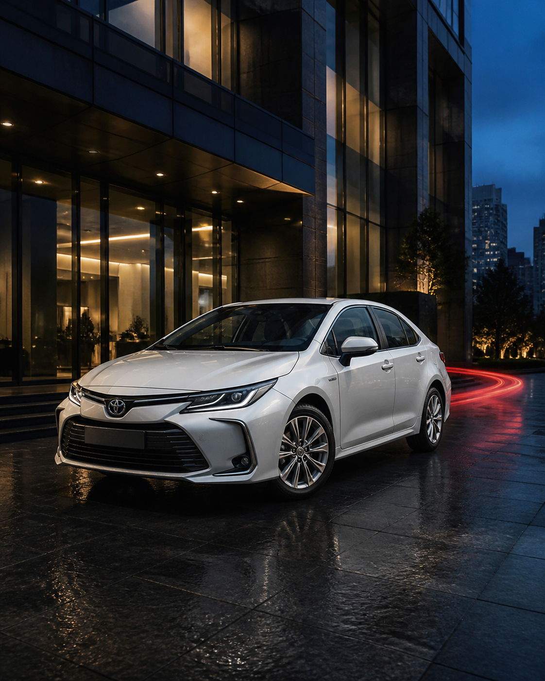 Toyota Corolla corporate monthly rental outside a modern office